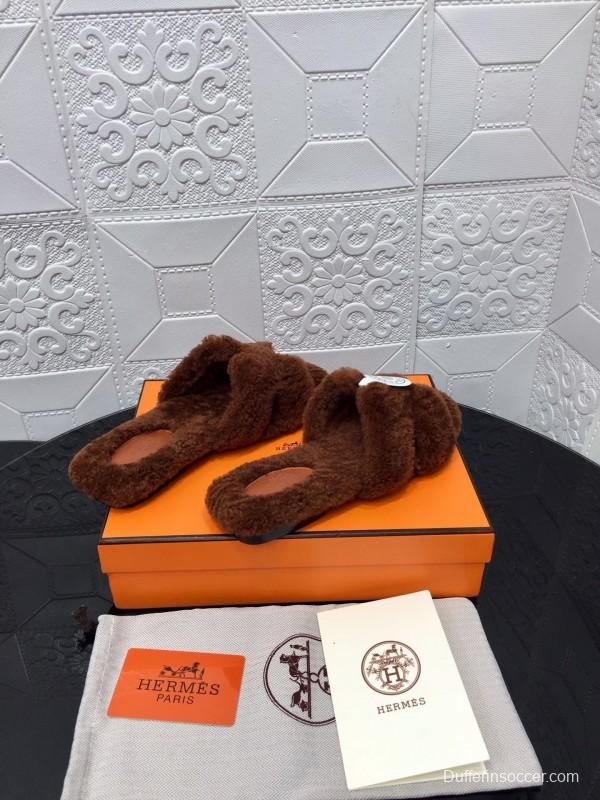 H Teddy Wool H Slippers Flat Sole Winter Fur Slippers - LY00240
