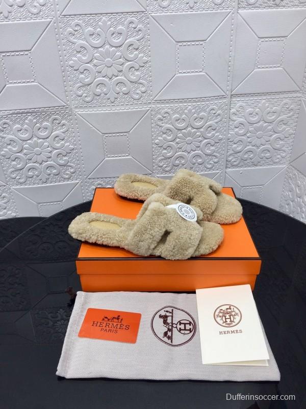 H Teddy Wool H Slippers Flat Sole Winter Home Shoes - LY00240