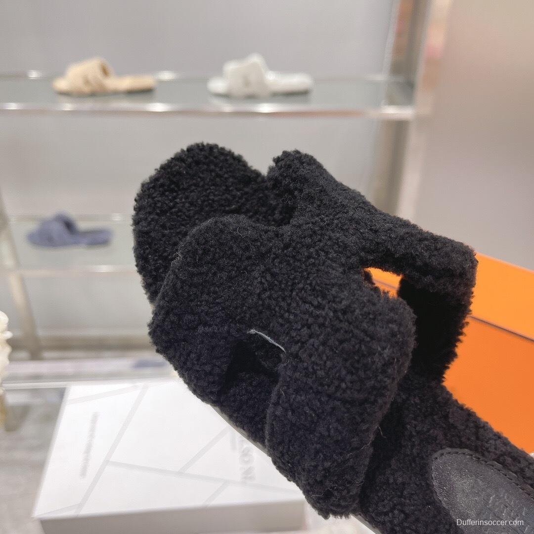 H Teddy Wool H Slippers Flat Sole Autumn Winter - LY00240