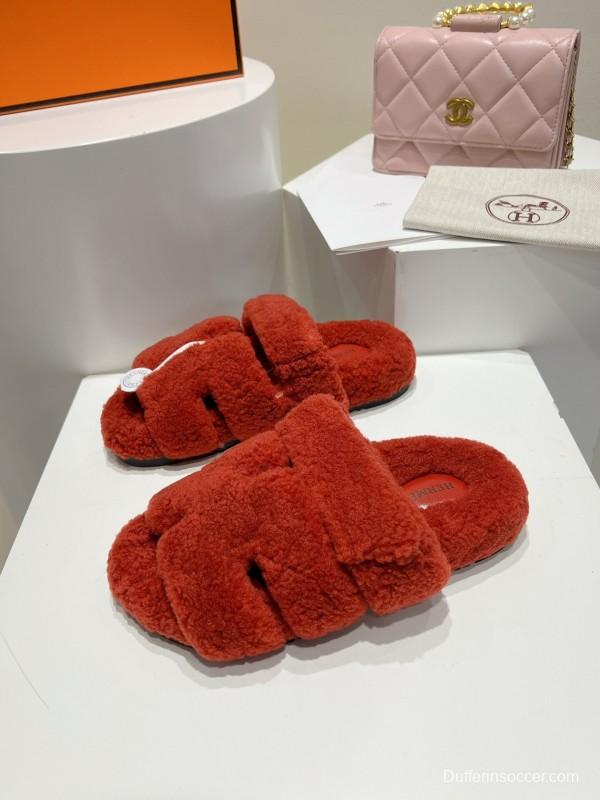H Love Erjiu Full Wool Slippers with Wavy Fur Design - LY00270
