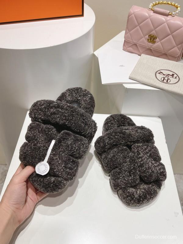 H Love Erjiu Full Wool Slippers with Slight Curly Wool Design - LY00270