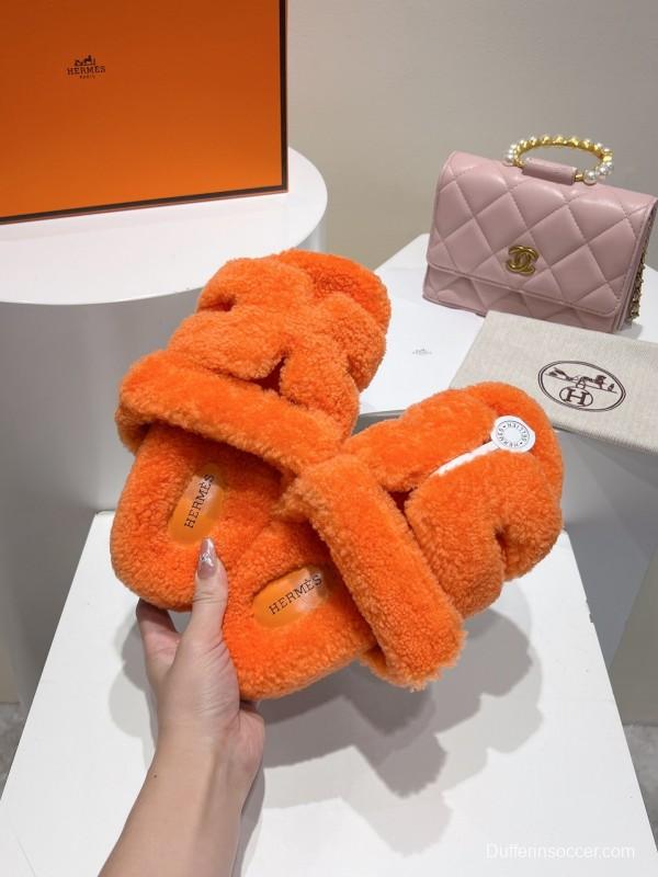 H Love Erjiu Full Wool Slippers with Wavy Fur Design - LY00270