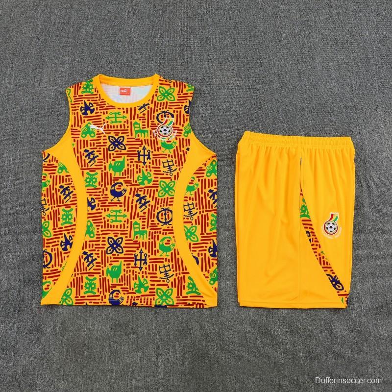 25/26 Ghana Yellow Adinkra Symbol Print Sleeveless Training Suit + Shorts