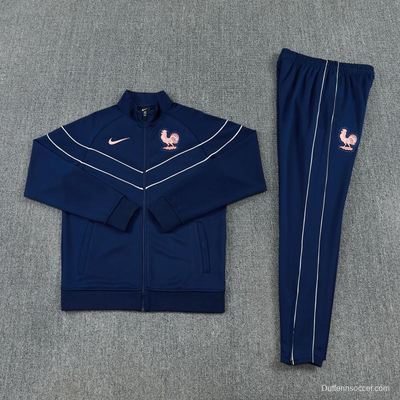 26/27 France Navy Blue Full Zipper Jacket Tracksuit +  Long Pants