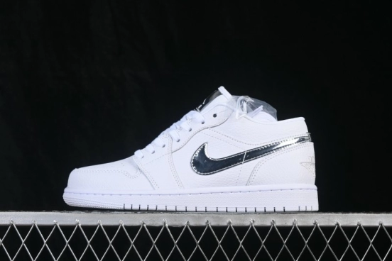 Nike Air Jordan 1 Low Retro Basketball Shoes with All-White Silver Swoosh - IQ9381-100