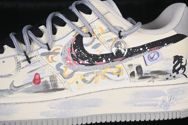 Nike Air Force 1 '07 Low Unbridled Steed Hand-Painted Ink Art Sneakers with Dynamic Swoosh Design - FB1839-313