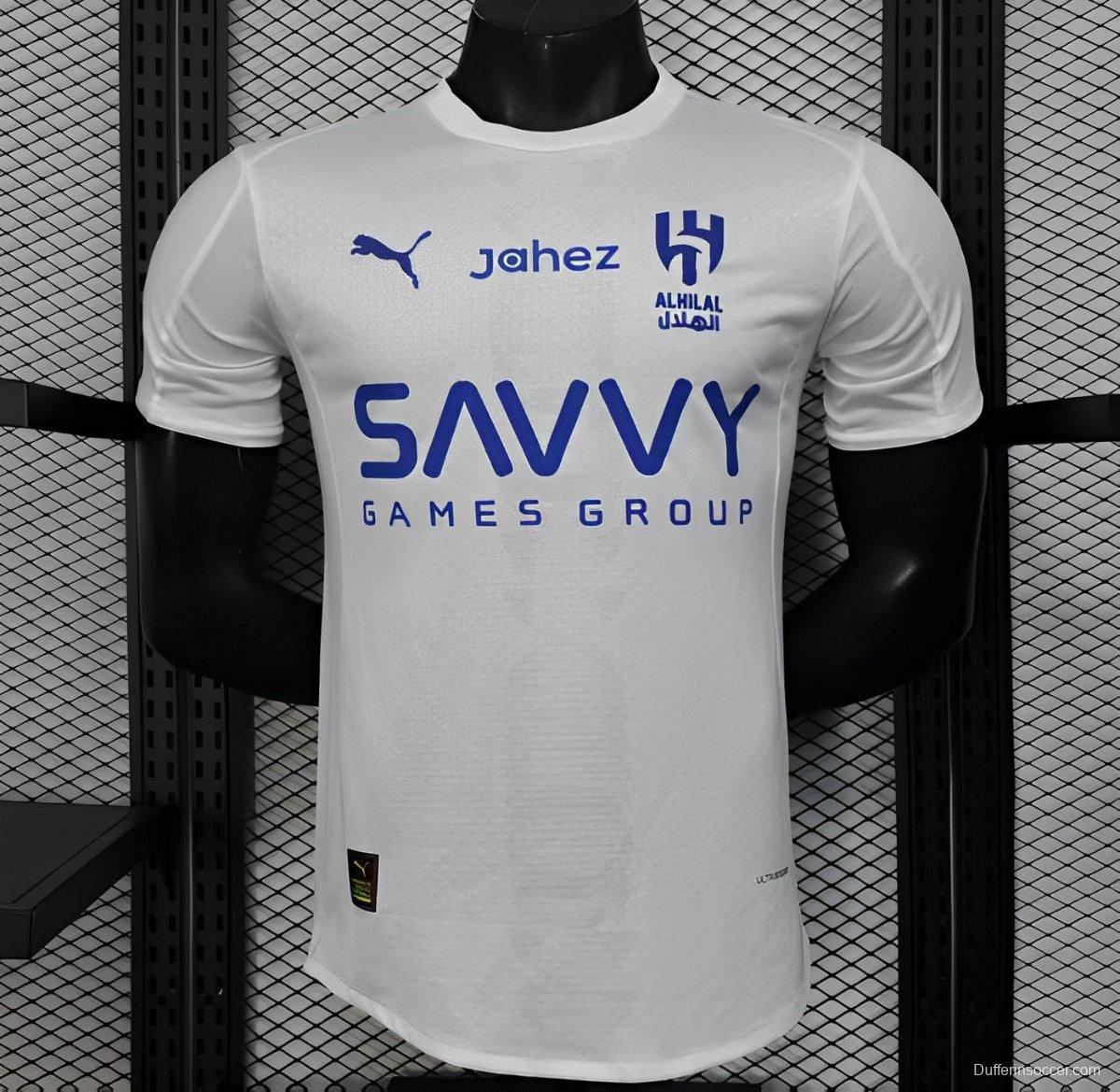 Player Version 25/26 Al-Hilal Away White with Blue Details and SAVVY Games Group Sponsor Jersey