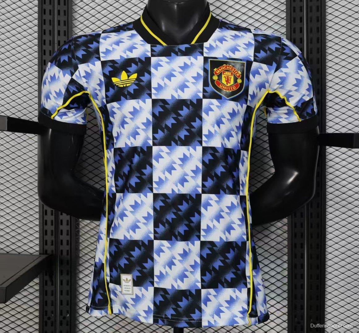 25/26 Player Version  Manchester United Blue and Black with Checkerboard Houndstooth Pattern Jersey