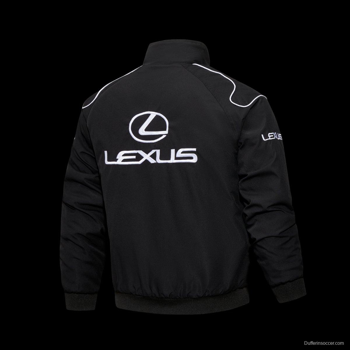 2026 F1 Lexus Black Racing Jacket with White Logo Embroidery and Piping Details
